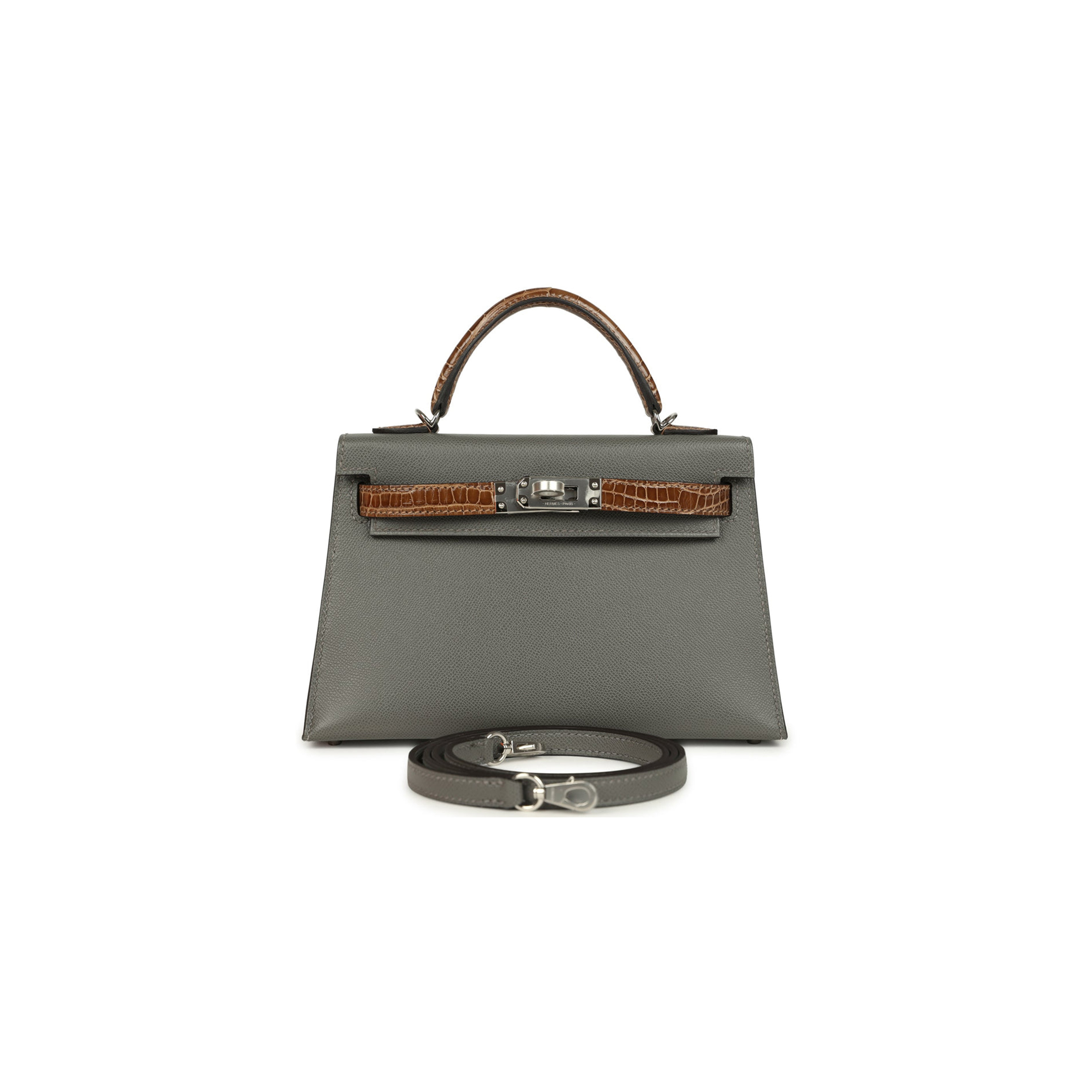 HERMÈS MASTER MINI KELLY SELLIER GRIS MEYER MADAME AND FICELLE SHINY ALLIGATOR TOUCH PALLADIUM HARDWARE (19*12*5.5cm) 